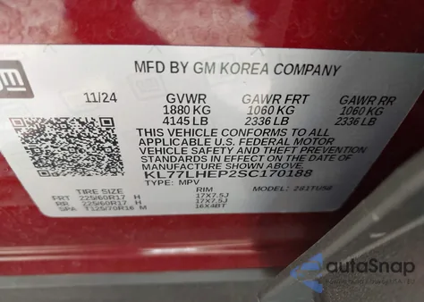 2025 Chevrolet Trax Fwd Lt z USA, uszkodzony, nr VIN KL77LHEP2SC170188